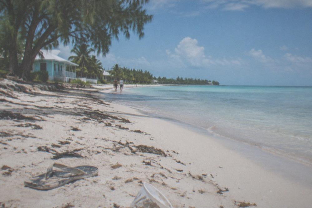 A Bahamian beach with calm water and a low treeline at midday