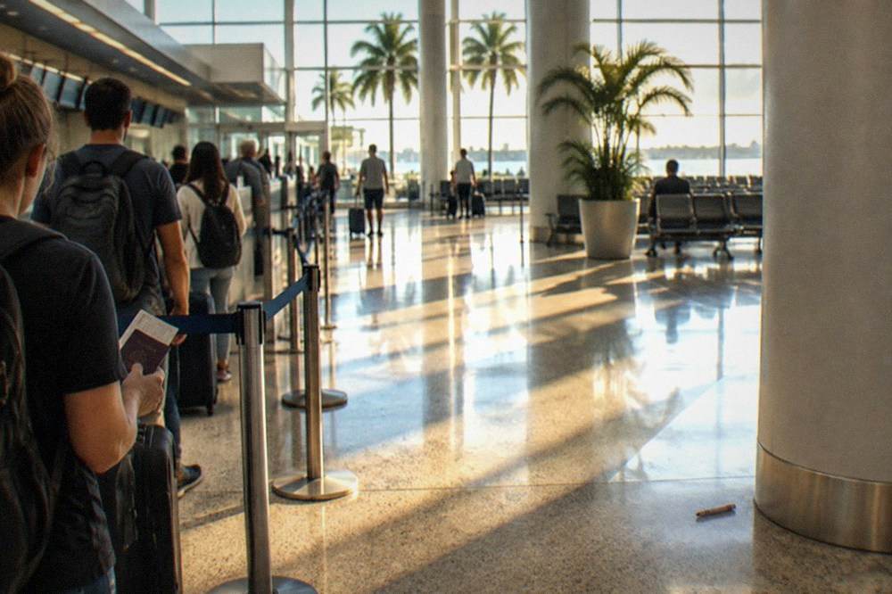 Ferry terminal check-in counters with travelers holding tickets and passports