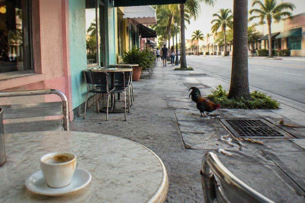 Colorful street with cafés and outdoor tables in a historic district