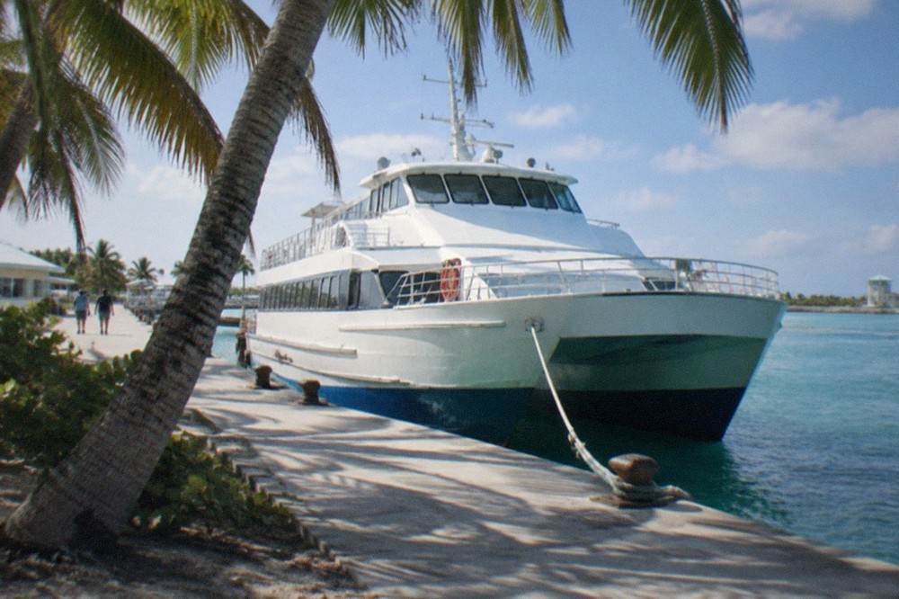 Passenger ferry docked at a port terminal with palm trees along the waterfront