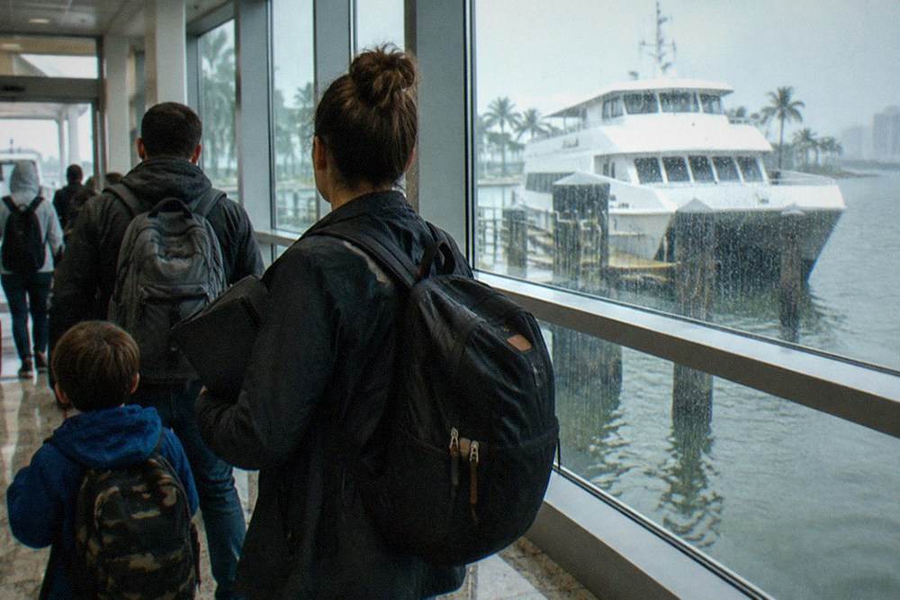 Family walking through a ferry terminal with backpacks and document folder