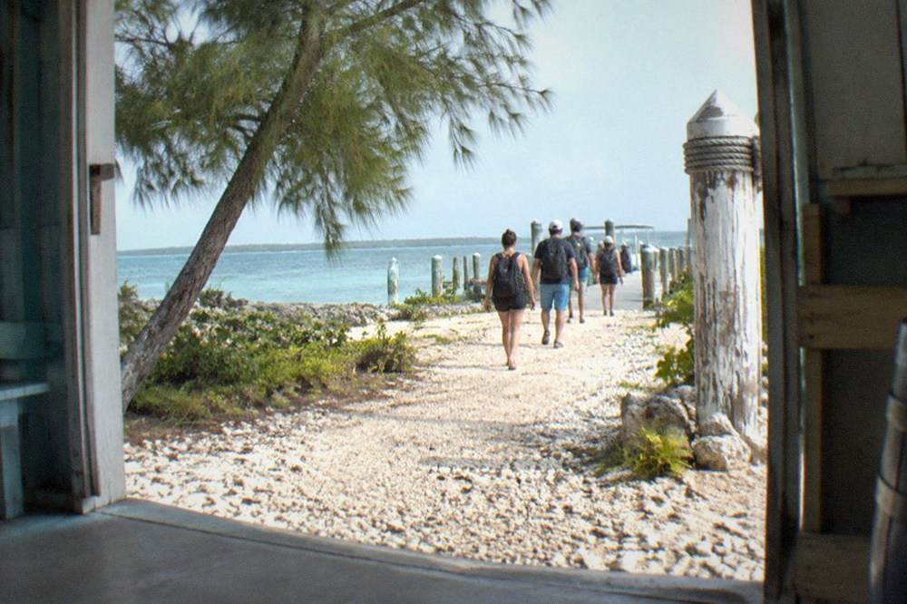Travelers walking along a ferry terminal walkway with bags and daypacks